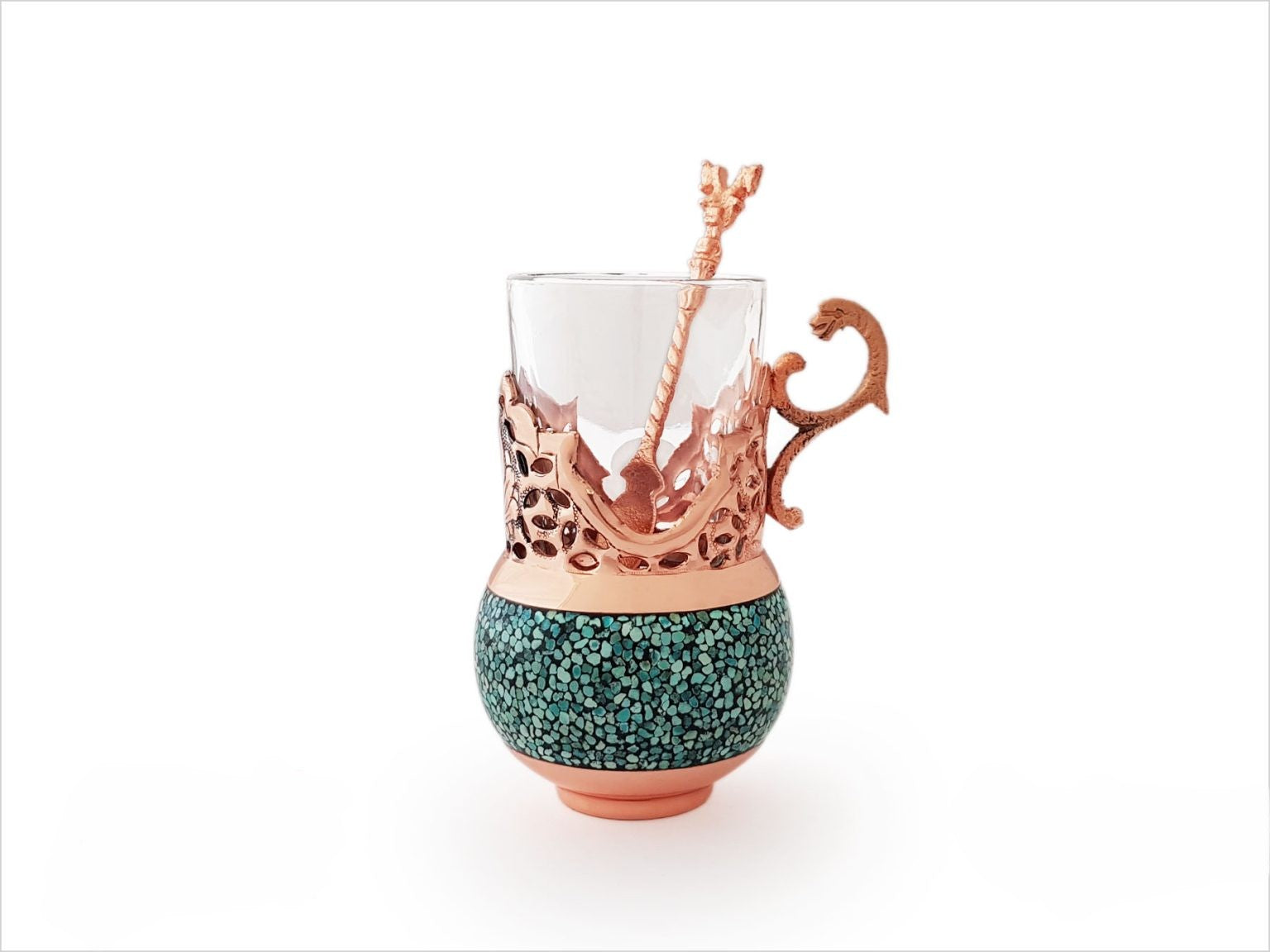 turquoise inlay tea cup, handmade tea cup and spoon, copper tea cup, artisan tea spoon, decorative tea set, luxury tea cup, inlaid spoon, handcrafted tea ware, turquoise detail cup, elegant tea accessories