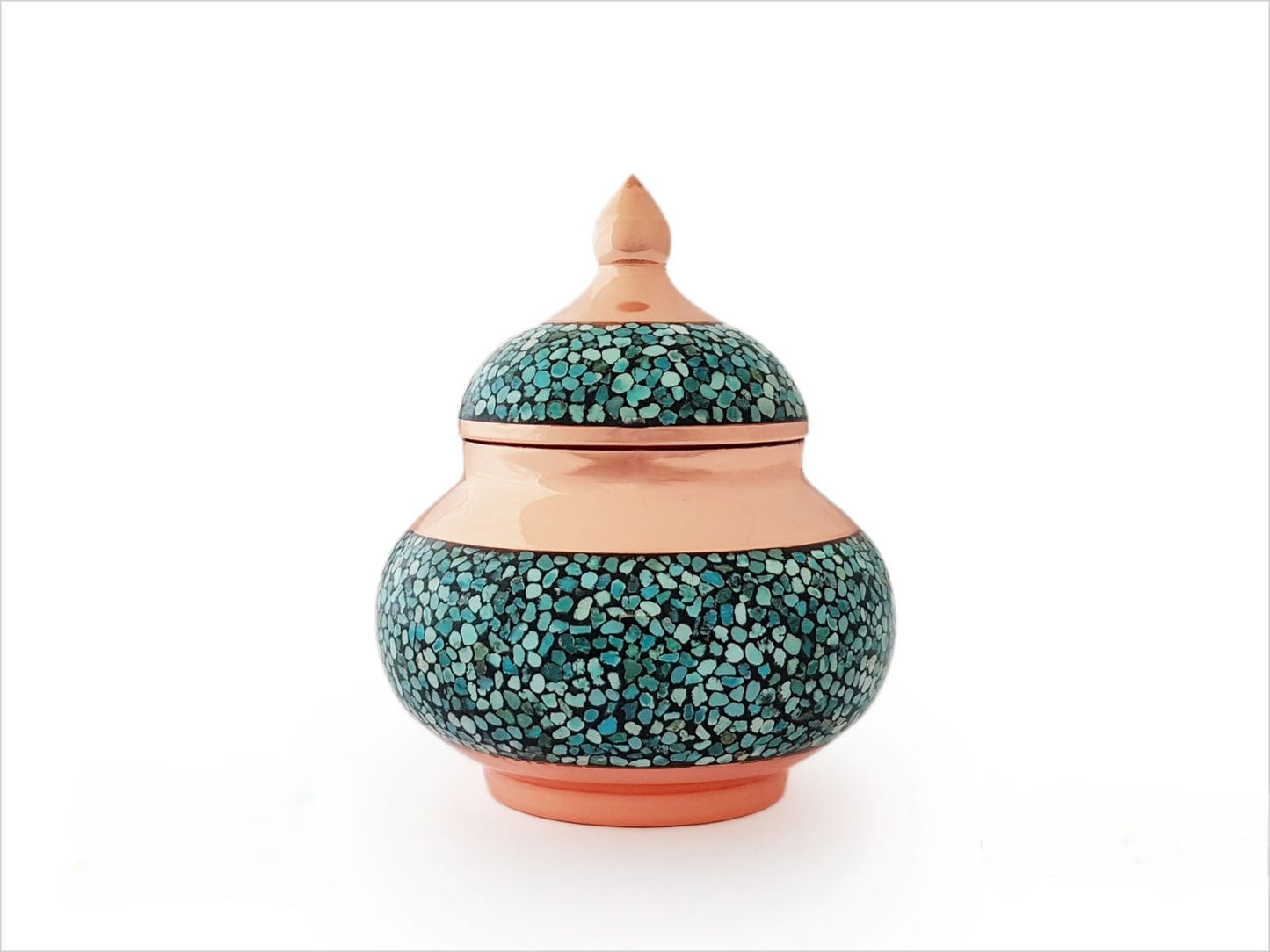 turquoise inlay sugar bowl, Persian sugar bowl, handmade copper sugar bowl, Firoozeh Koobi sugar container, Neyshabur turquoise bowl, decorative sugar bowl, luxury tea set accessory, Isfahan handicraft bowl, copper and turquoise sugar bowl, artisan sugar bowl, traditional Persian tea ware