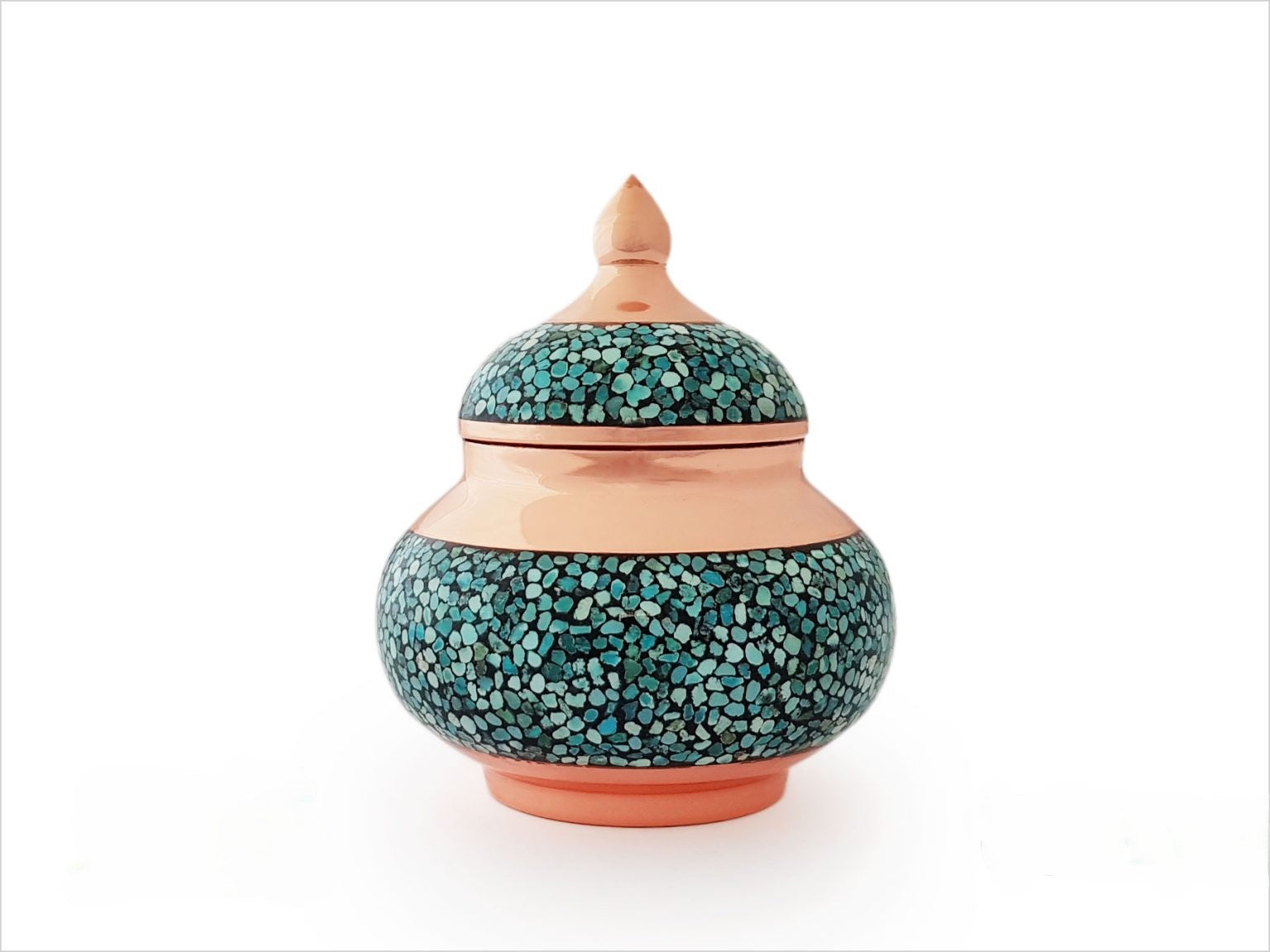 turquoise inlay sugar bowl, Persian sugar bowl, handmade copper sugar bowl, Firoozeh Koobi sugar container, Neyshabur turquoise bowl, decorative sugar bowl, luxury tea set accessory, Isfahan handicraft bowl, copper and turquoise sugar bowl, artisan sugar bowl, traditional Persian tea ware