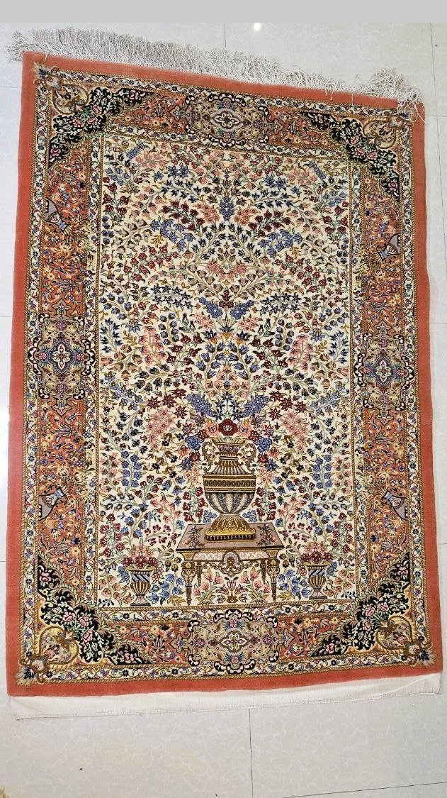 handmade persian rug, qom rug, tree of life design, kurk wool rug, silk foundation carpet, oriental rug, persian carpet, fine knot rug, vintage persian rug, collectible qom rug