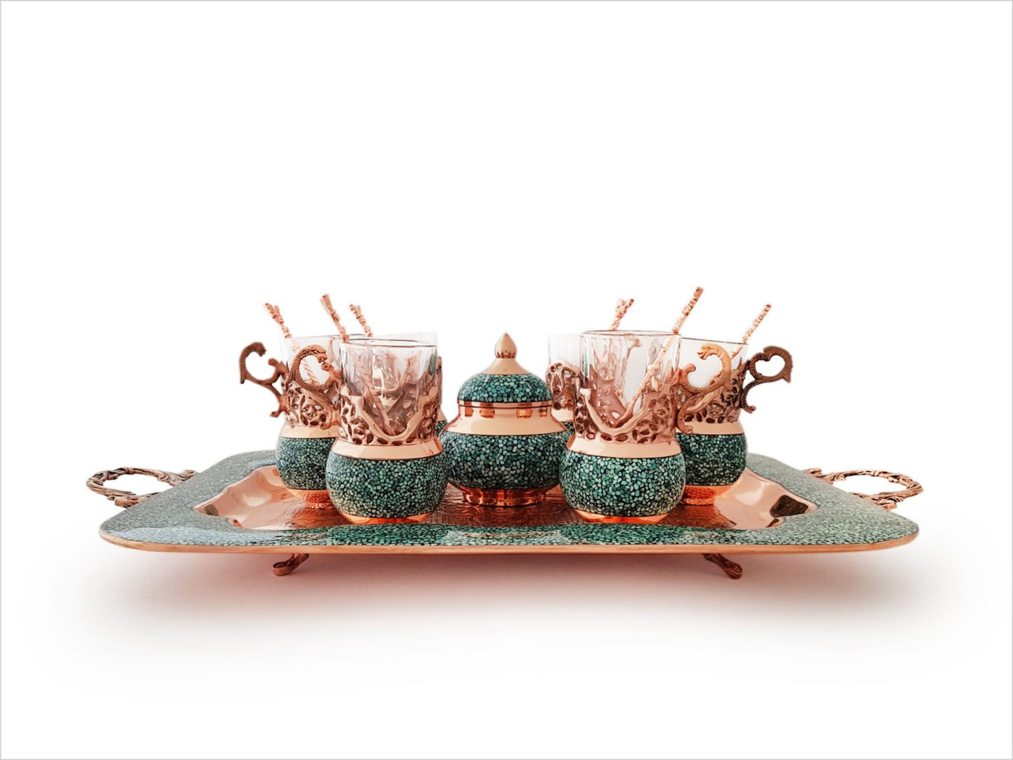 turquoise inlay tea set, Persian tea set image, handmade tea set photo, Isfahan turquoise handicraft, copper and turquoise tea set, Firoozeh Koobi tea set, Tea set with spoons, luxury Persian tea ware, Neyshabur turquoise artwork, traditional Persian tea set, sugar bowl and tea cups, decorative copper tea set, Persian tea set on tray
