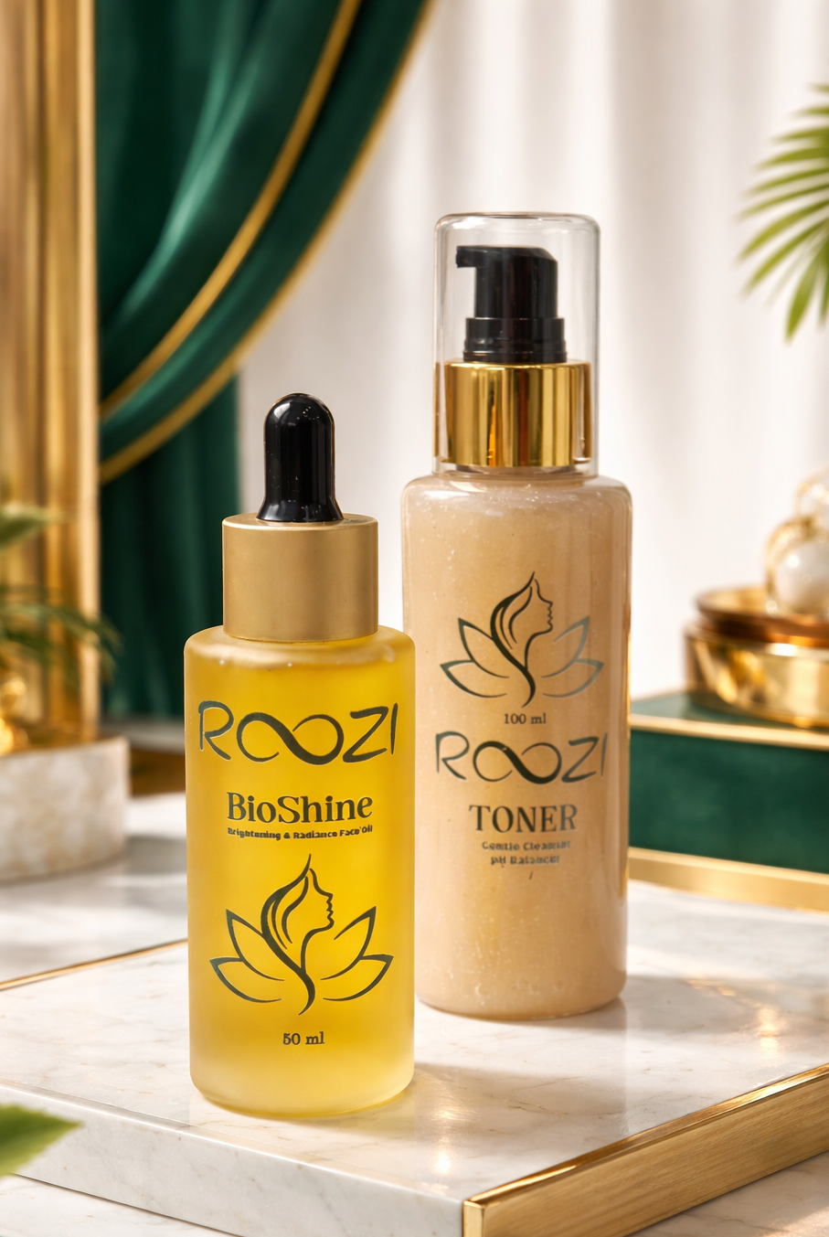 Roozi BioShine brightening face oil and gentle cleanser toner on a luxury marble surface.