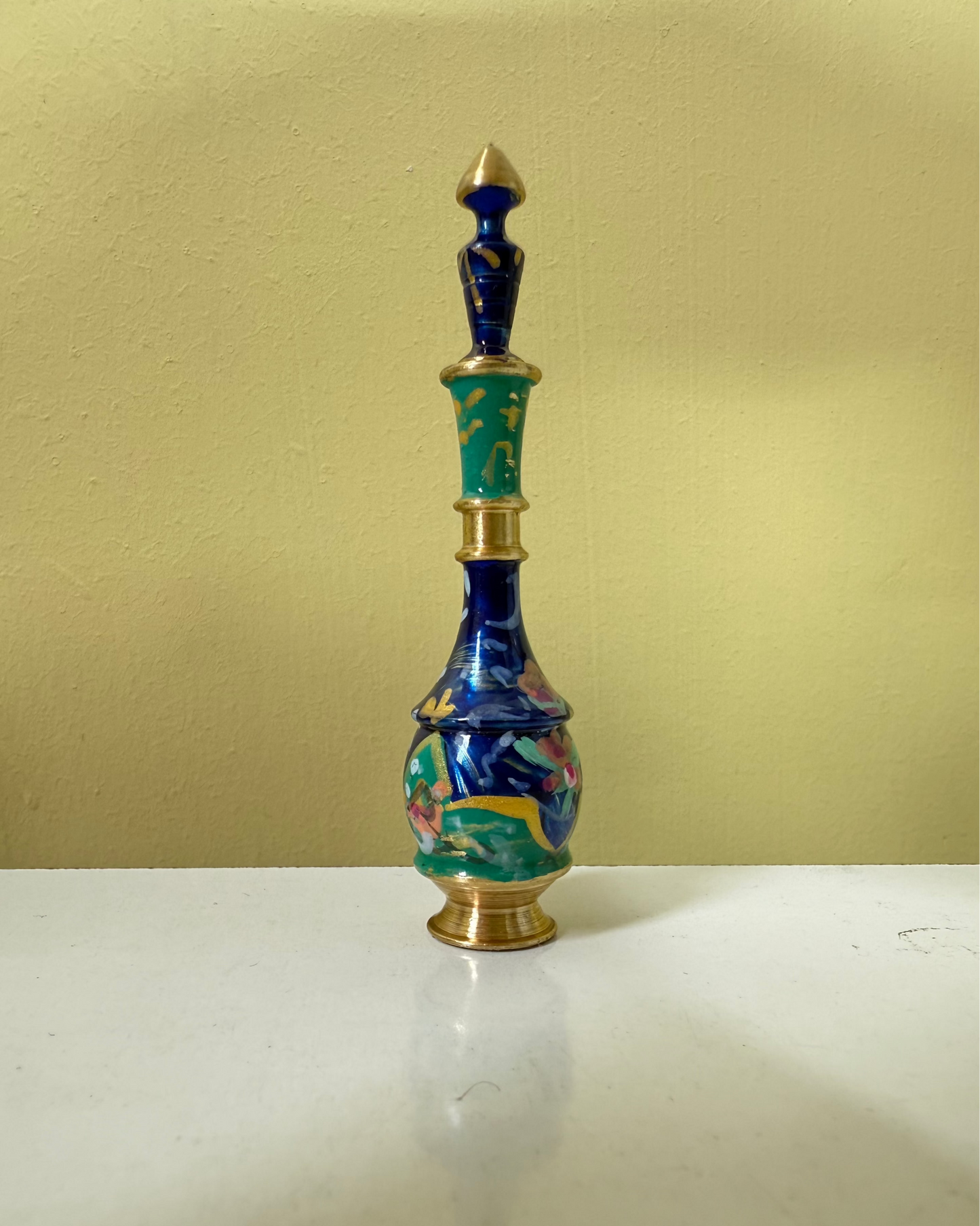 blue kohl container, hand-painted brass kohl bottle, traditional surma dan, artisanal eyeliner holder