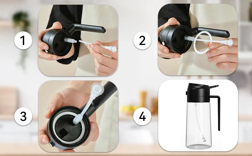 Step-by-step instructions showing how to assemble the oil dispense