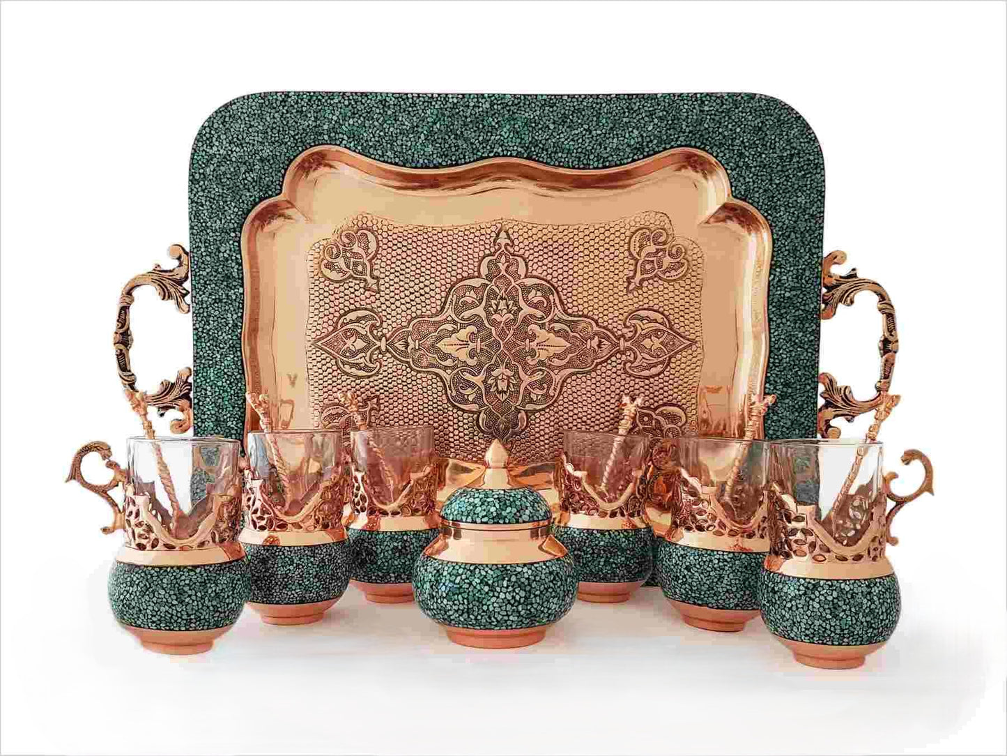 standing tray tea set, pedestal tray tea set, turquoise inlay standing tray, Persian tea set with footed tray, handmade standing tray copper, decorative turquoise tray, Firoozeh Koobi standing tray, luxury Persian tea tray, turquoise inlaid pedestal tray, traditional Iranian serving tray, copper standing tray with tea set, Isfahan turquoise handicraft tray