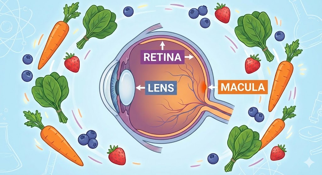 "Detailed educational infographic illustrating human eye anatomy including the retina, lens, and macula, surrounded by eye-healthy foods like carrots, spinach, and berries."