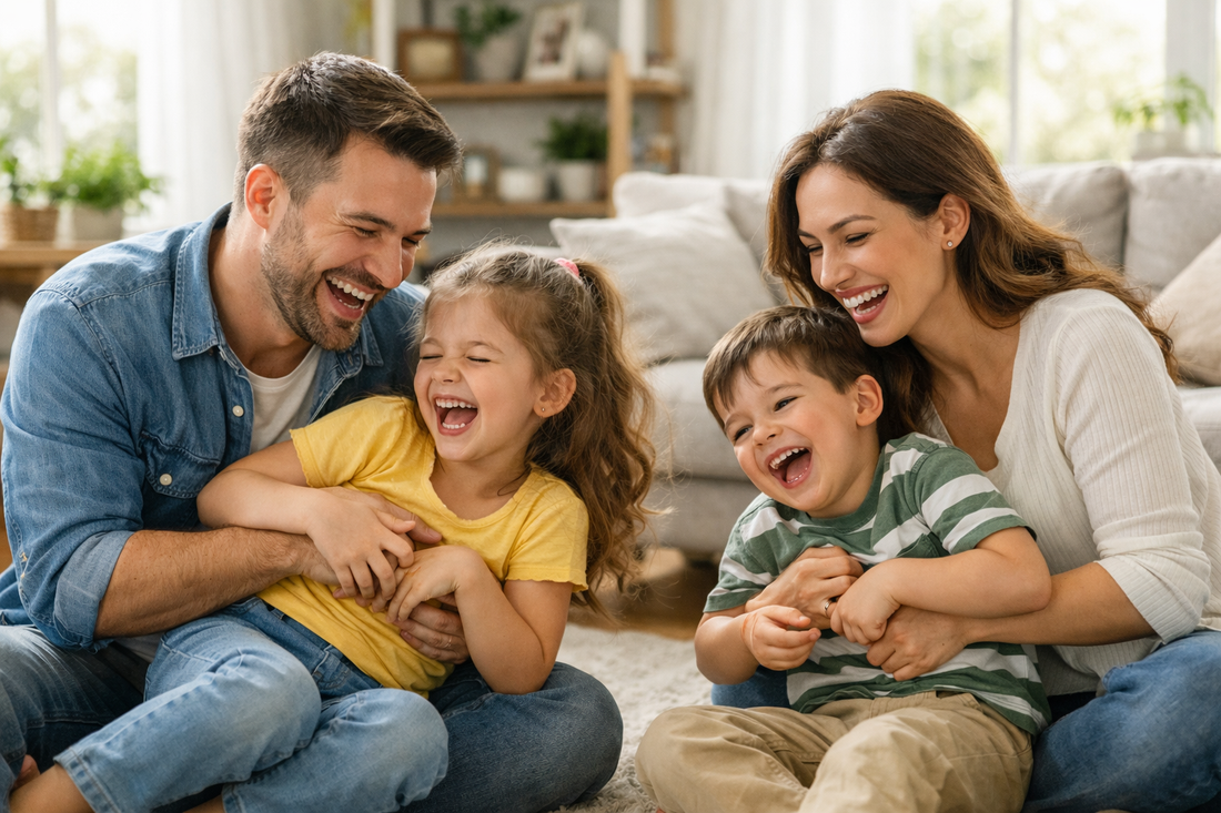 A joyful family of four laughing and playing together in a bright living room, with natural light streaming in, creating a warm and cheerful atmosphere.