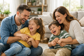A joyful family of four laughing and playing together in a bright living room, with natural light streaming in, creating a warm and cheerful atmosphere.