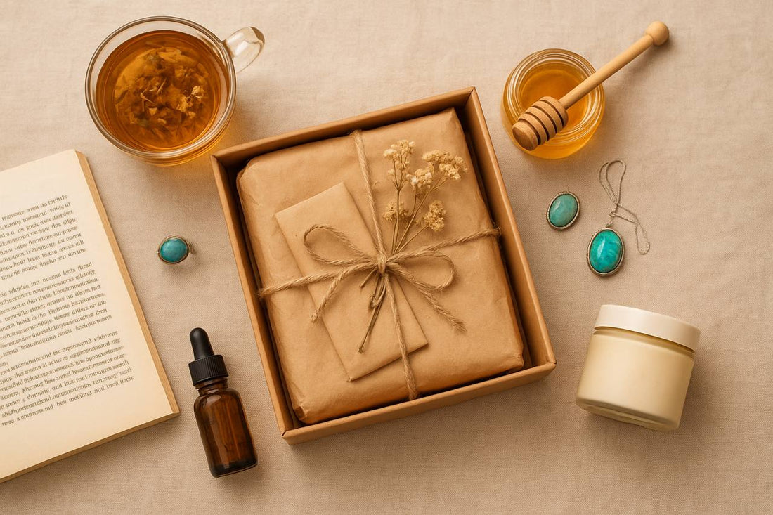 a cup of herbal tea, a jar of honey with a dipper, turquoise jewelry, an open book, a brown glass dropper bottle, and a cream jar on a beige linen background.
