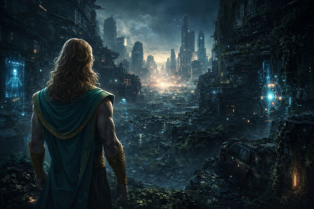 Nikman standing in a dark dystopian city in the year 2222, overlooking decaying futuristic buildings, glowing skyscrapers in the distance, holograms, and overgrown greenery under cinematic sci-fi lighting.”
