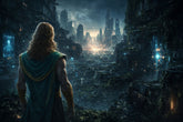 Nikman standing in a dark dystopian city in the year 2222, overlooking decaying futuristic buildings, glowing skyscrapers in the distance, holograms, and overgrown greenery under cinematic sci-fi lighting.”