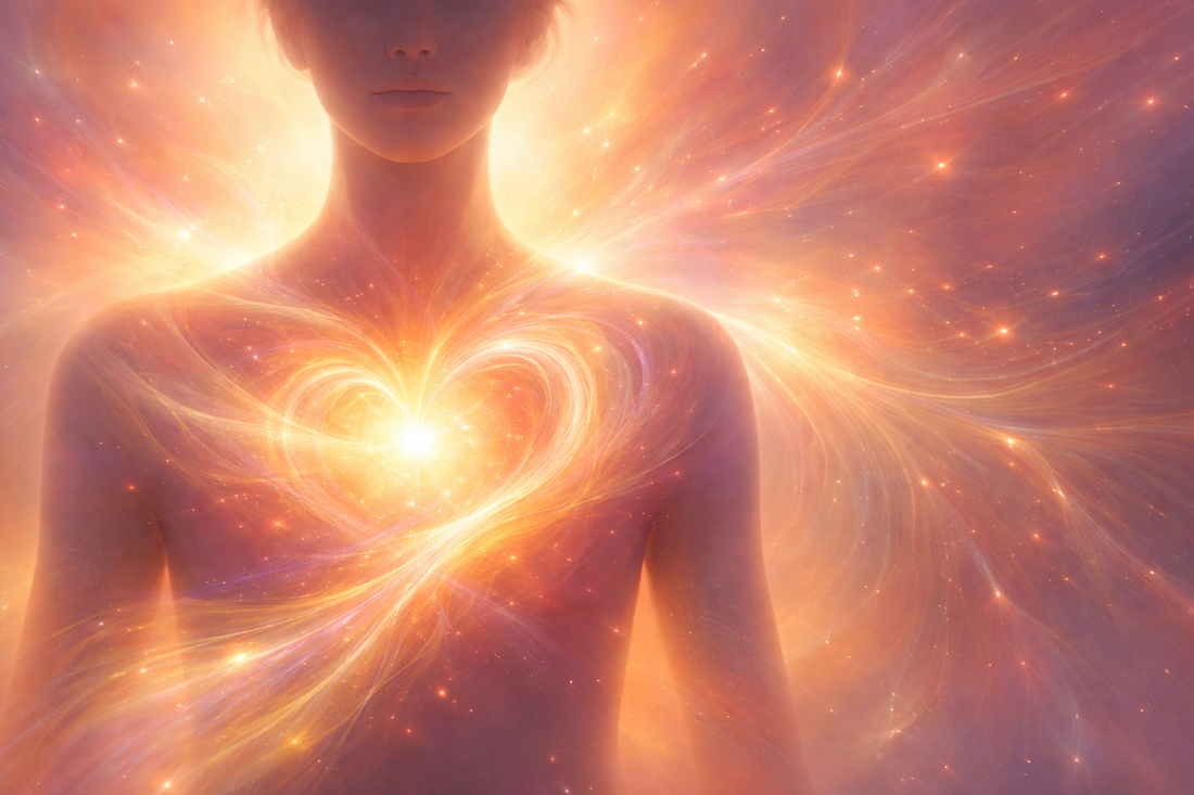 Abstract spiritual illustration of a human figure with a glowing heart, radiating warm and vibrant energy in soft flowing light, conveying inner vitality and positive energy, in a horizontal composition.