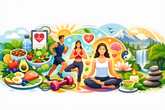 Horizontal modern collage illustrating holistic health with nutrition, exercise, mindfulness meditation, and nature elements in a bright, balanced composition