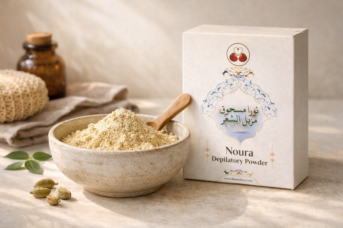 Elegant editorial photograph of Noura depilatory powder in a ceramic bowl beside traditional Arabic-designed packaging, styled with natural elements, soft sunlight, and warm earthy tones for a wellness beauty concept.