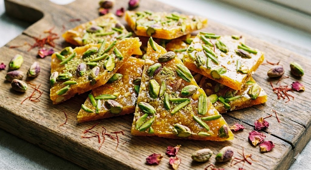 Close-up photograph of Persian pistachio Sohan brittle pieces, generously topped with pistachios, arranged on a rustic wooden cutting board with scattered dried rose petals and saffron threads.