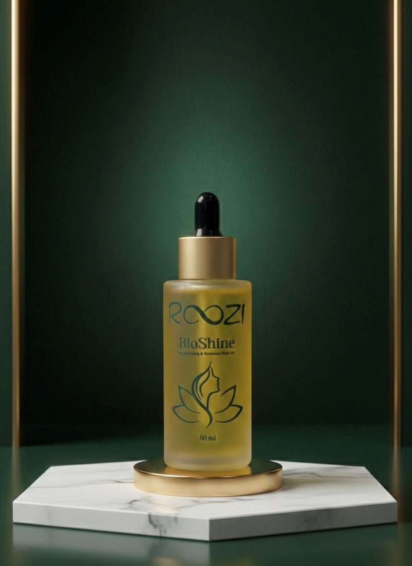 ROOZI BioShine Brightening and Sunflower Seed Face Oil 50ml bottle on a marble podium