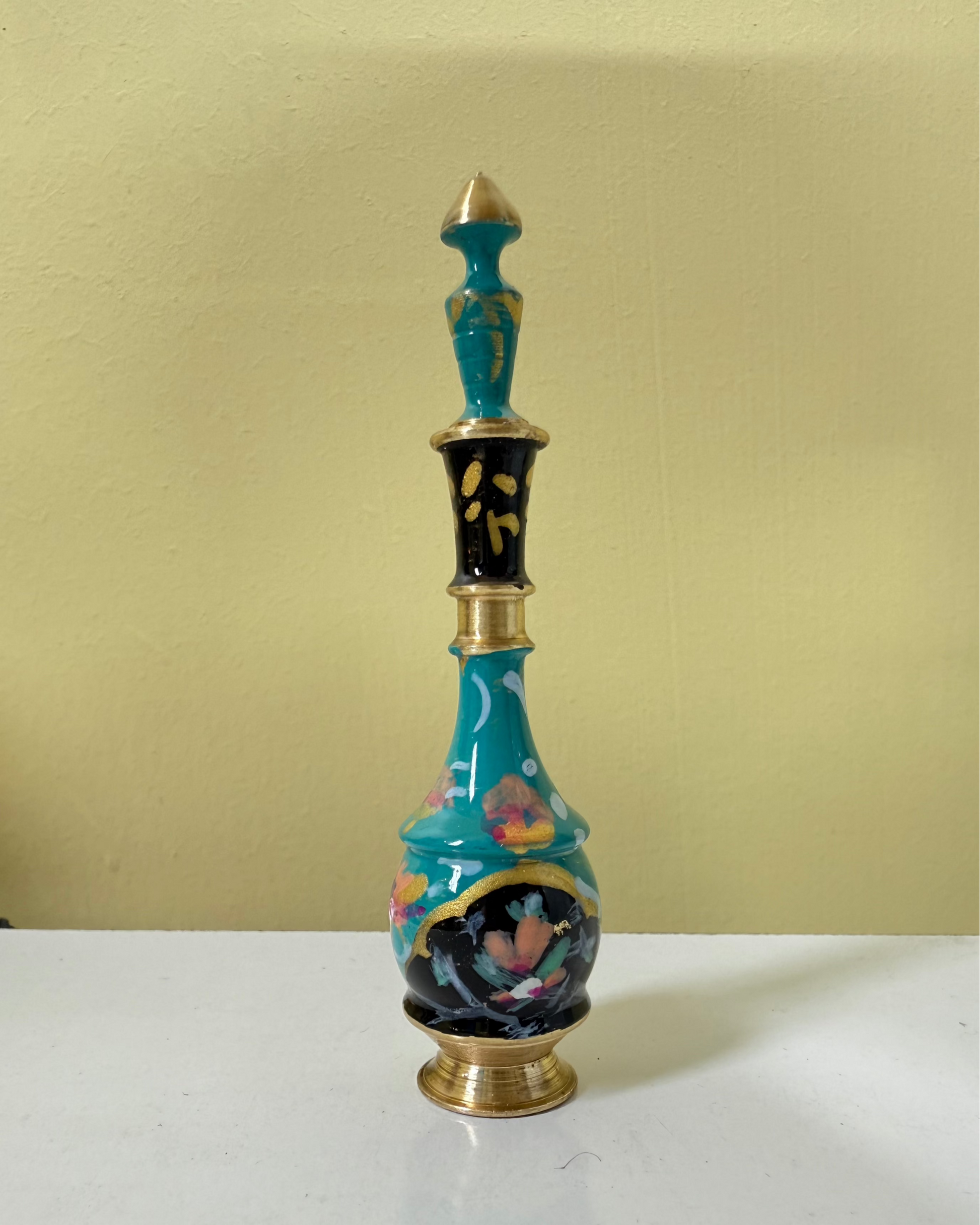 blue brass kohl container, light blue kohl bottle, hand-painted kohl applicator, handmade brass eyeliner container, traditional kohl bottle, decorative kohl container, artisanal eyeliner holder, blue hand-painted kohl jar, unique kohl container, middle eastern eye makeup container, arabic kohl bottle, persian surma dan, colorful surma container